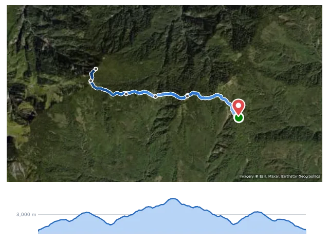 D2 協作營地 → 白姑大山中峰 → 石瀑 → 白姑大山 路線示意圖與高程剖面