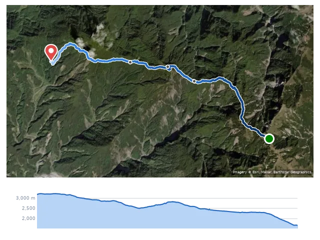 D5 三叉峰下營地 → 石山 → 特生中心 路線示意圖與高程剖面